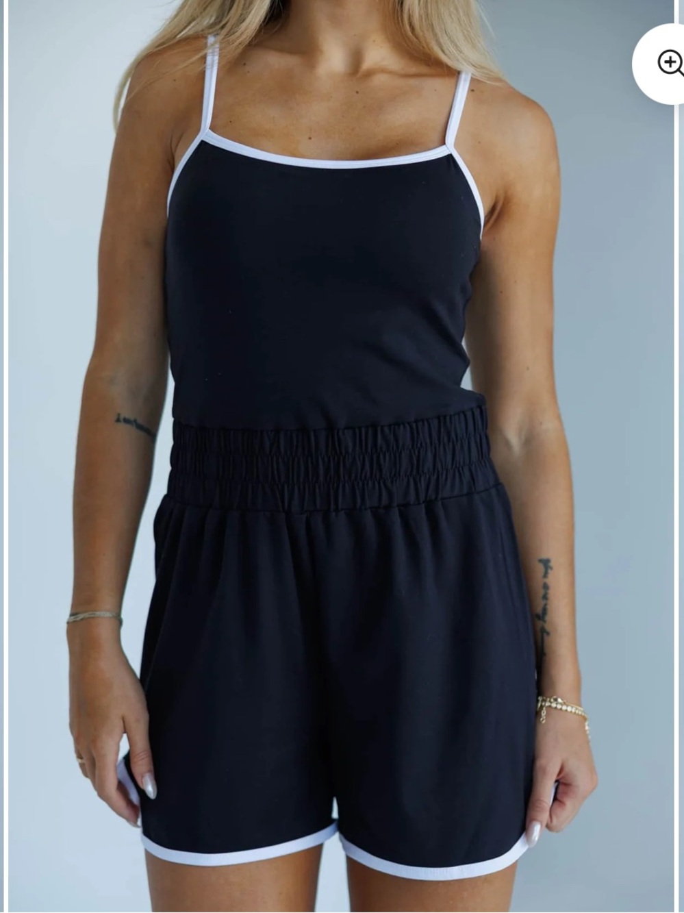Black Contrast-Trim Elastic-Waist Short Romper with built in bra
